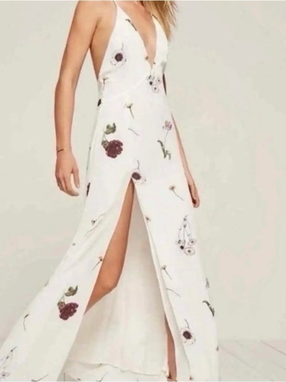 Reformation White Floral Deep-V Maxi Dress with Front Slit